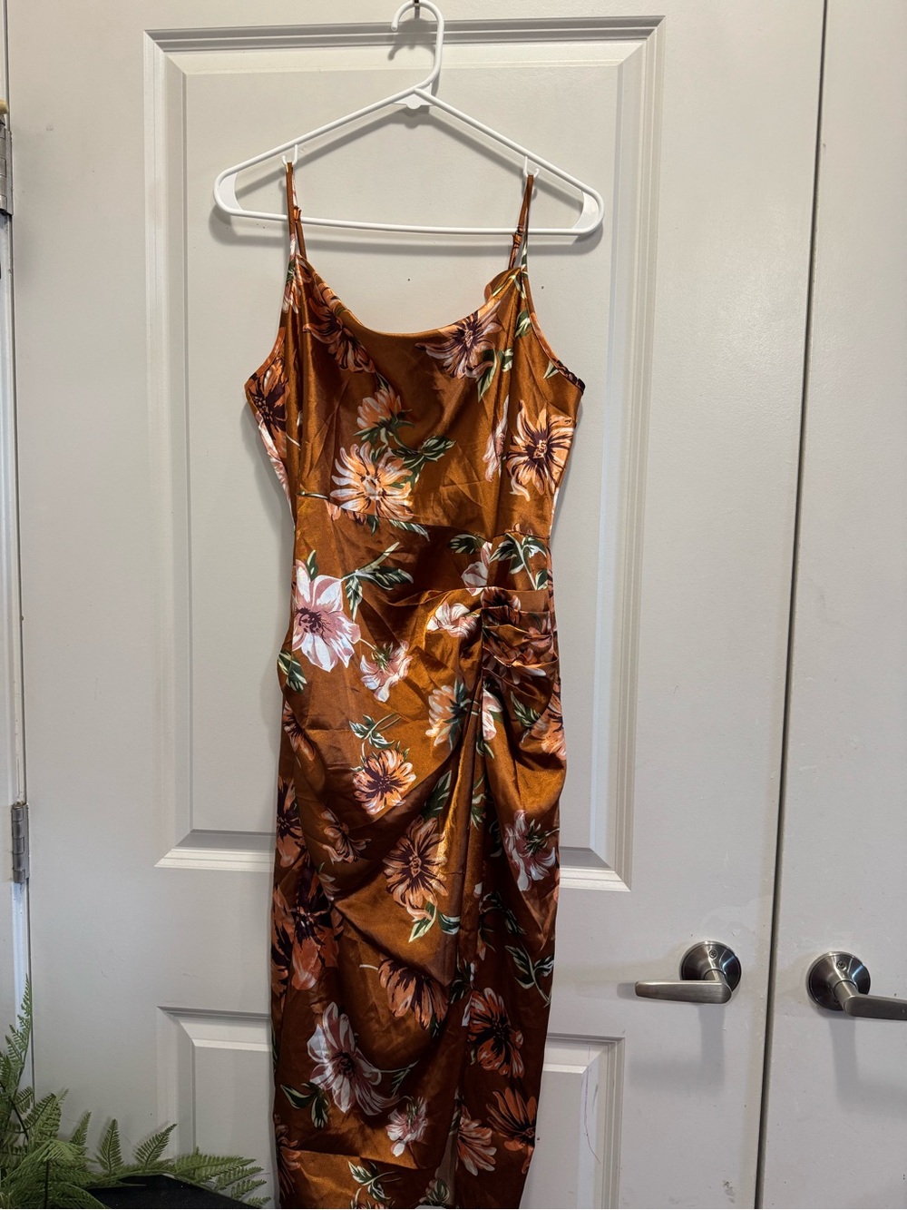 & Other Stories Rust Floral Satin Midi Slip Dress